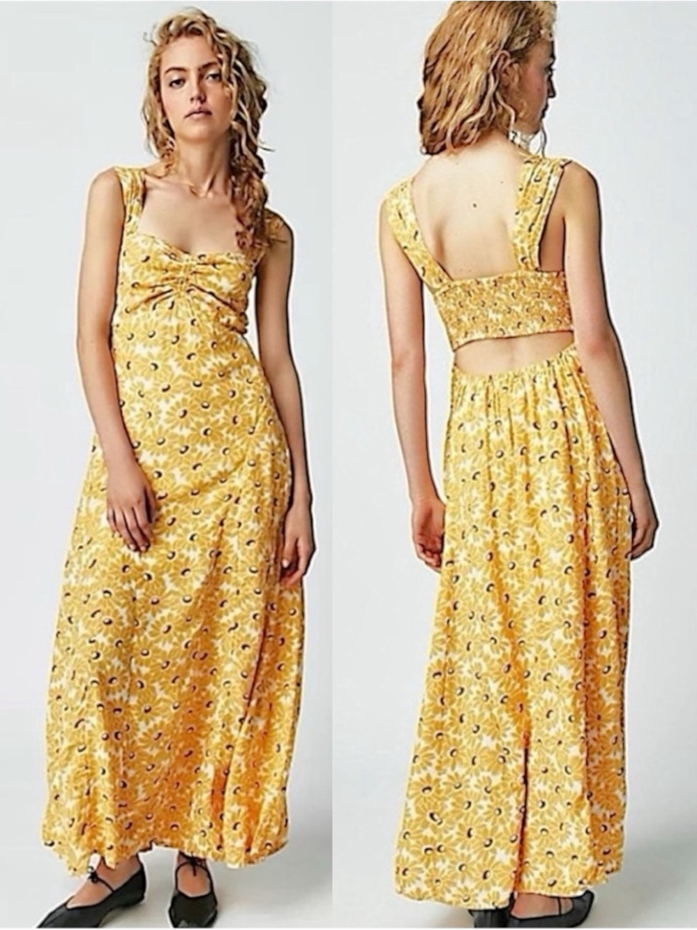 Free People Rosalee Midi Dress Yellow Floral Open Back Small NWOT Boho Vacation - Picture 9 of 16